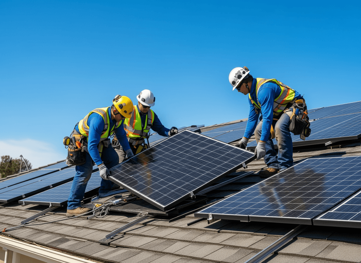 Blue Flag Solar crew removing solar panels from a residential rooftop